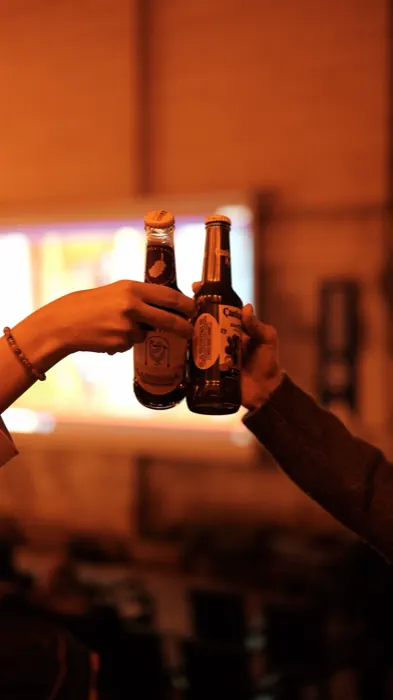 Dos personas brindando con botellas.